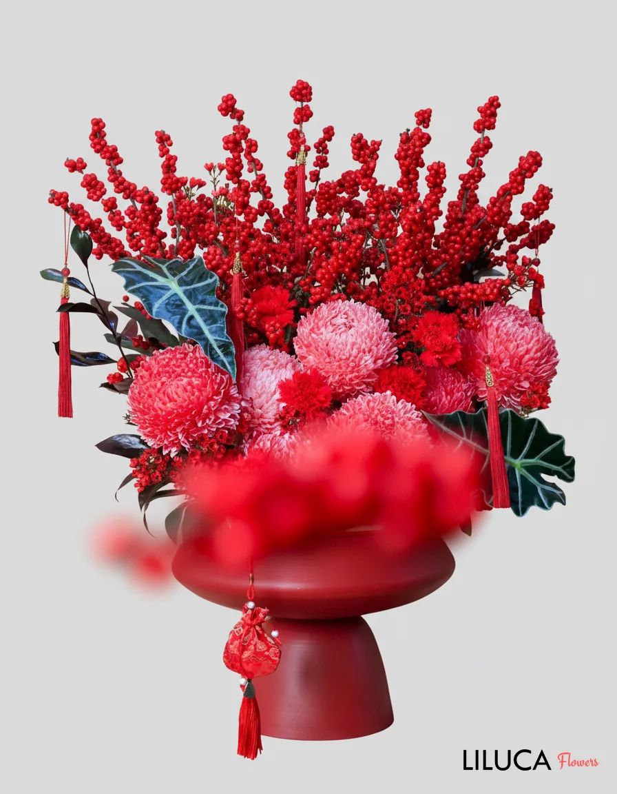 Bình cúc mẫu đơn đỏ Crimson Fortune