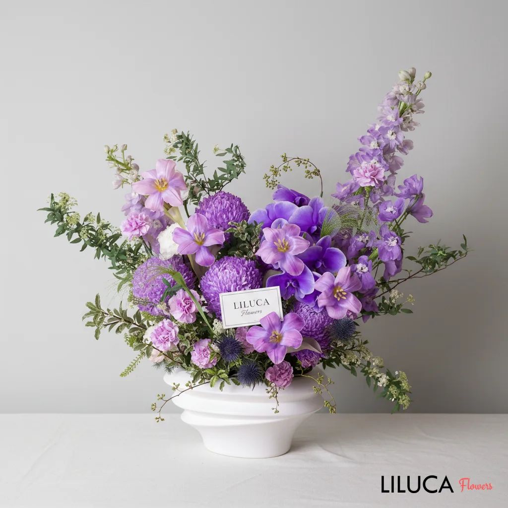 Bình cúc mẫu đơn mix tulip tím Lavender Dream
