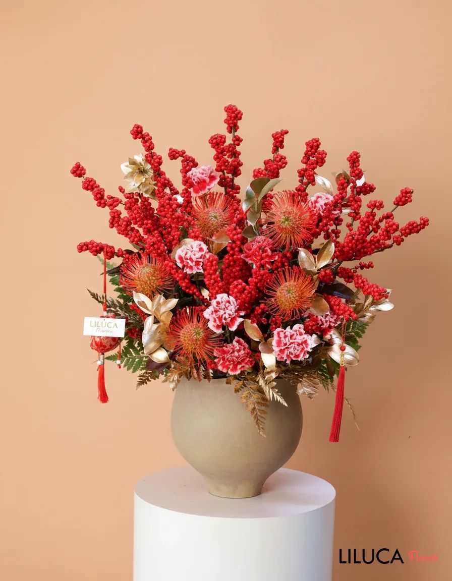 Bình đào đông mix cẩm chướng đỏ Crimson Fortune