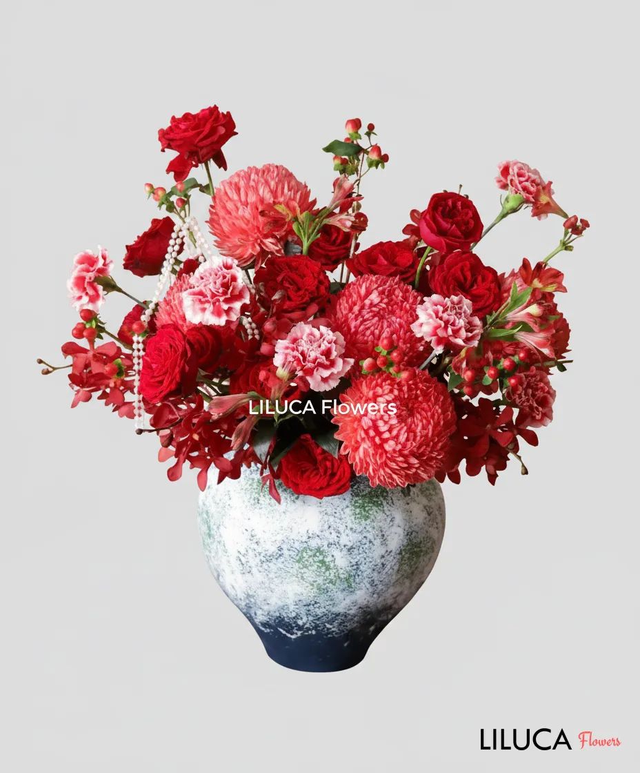 Bình hoa cúc mẫu đơn đỏ Glory Pearl