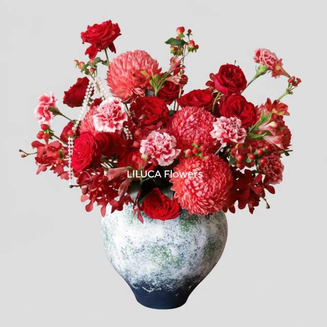 Bình hoa cúc mẫu đơn đỏ Glory Pearl