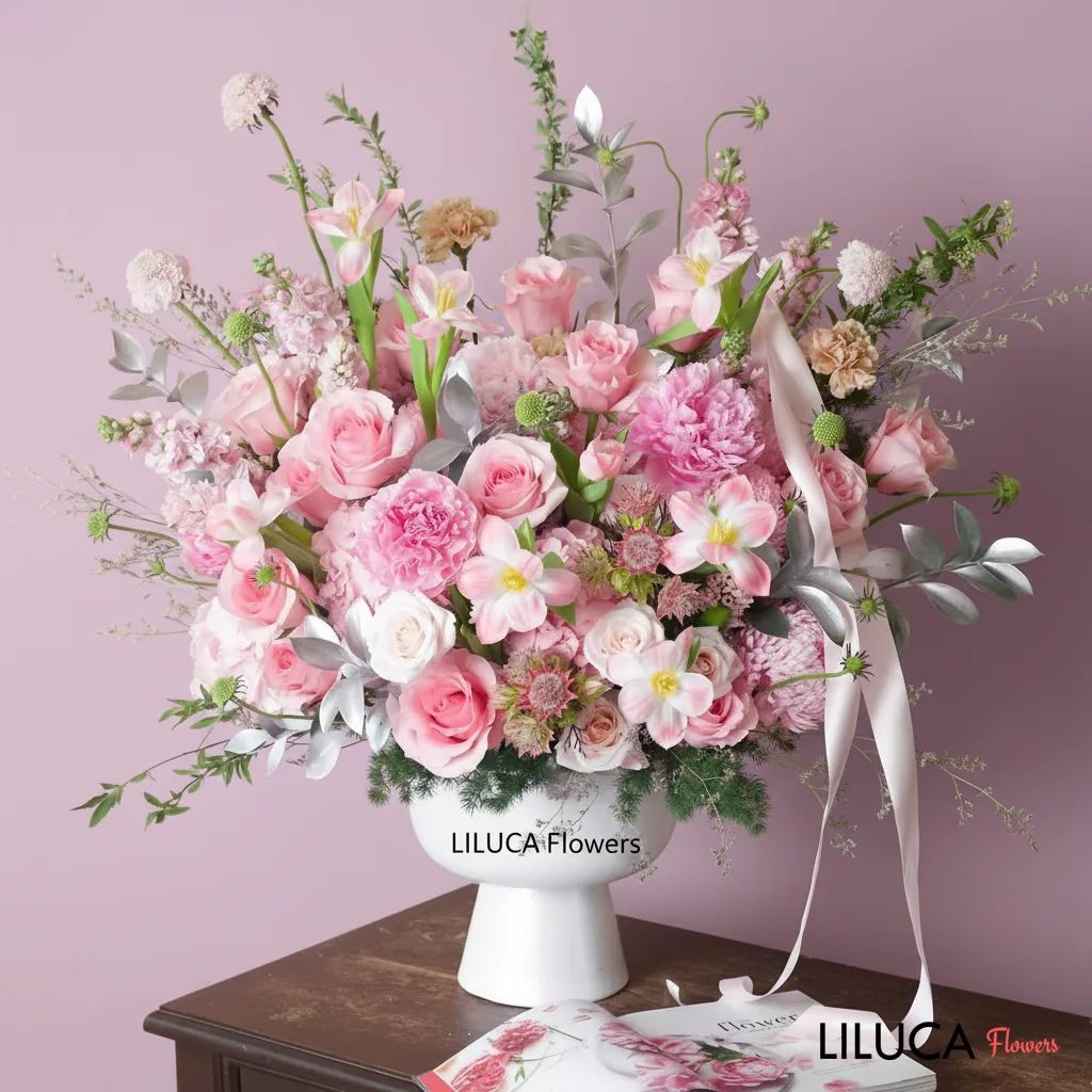 Bình hoa hồng mix tulip hồng Pink Serenade
