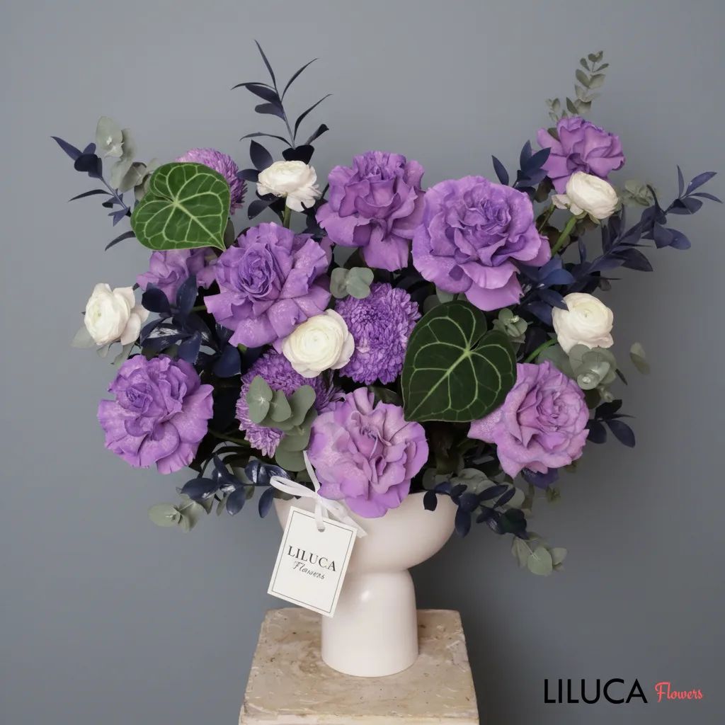 Bình hoa hồng tím Purple Velvet Dream