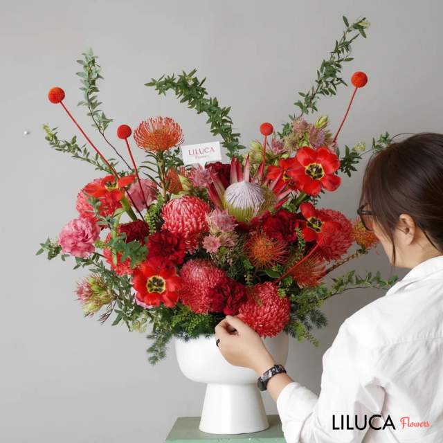 Bình hoa thảo đường đỏ Protea Passion