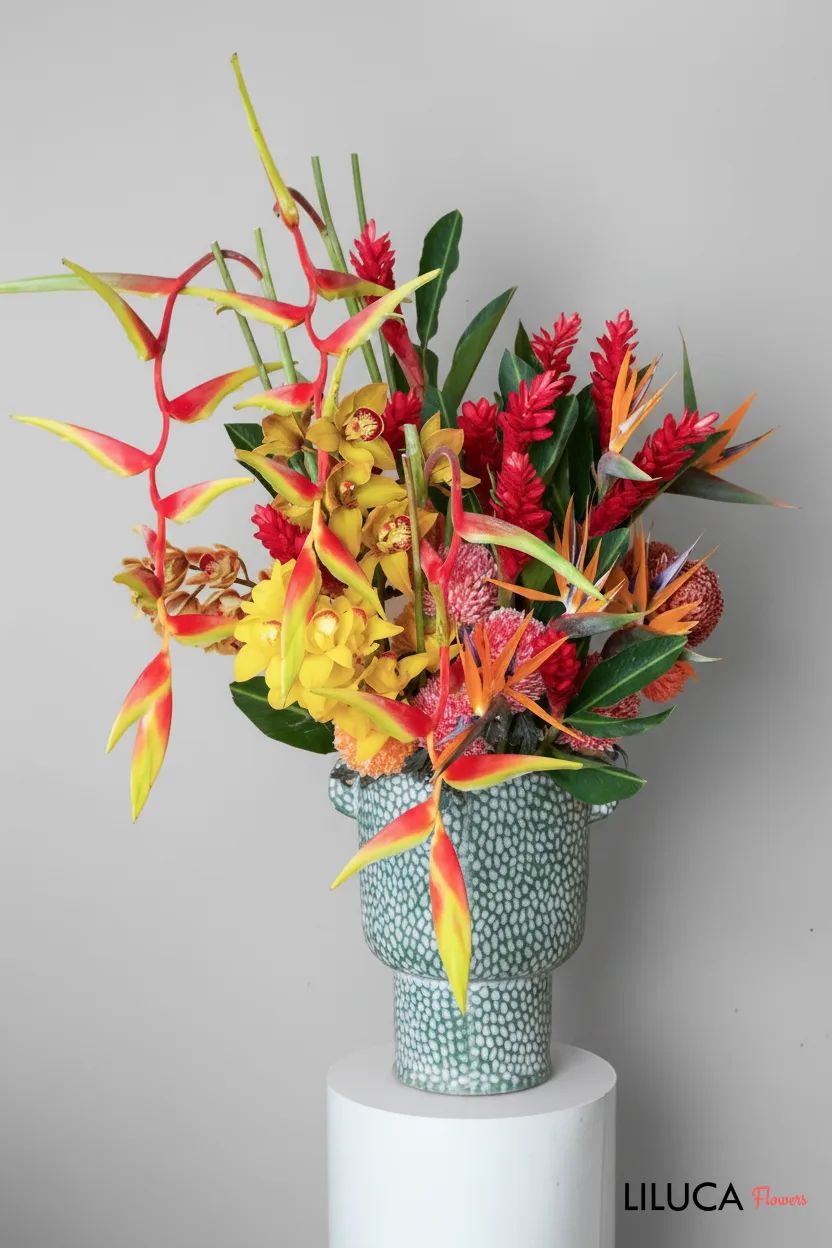 Bình hoa thiên điểu mix lan vàng Tropical Vibe